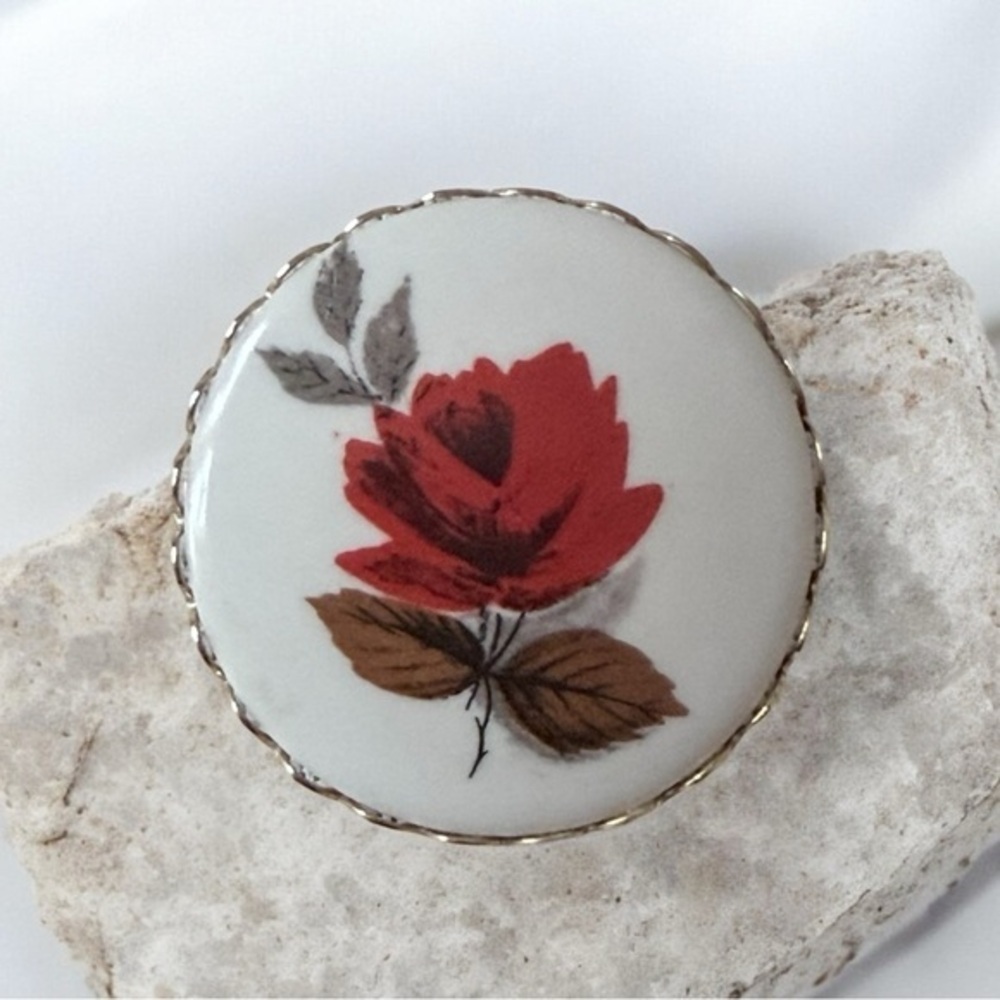Vintage 60s Brooch Mid Century Red Rose Hand Painted Flower  Bezel Pin